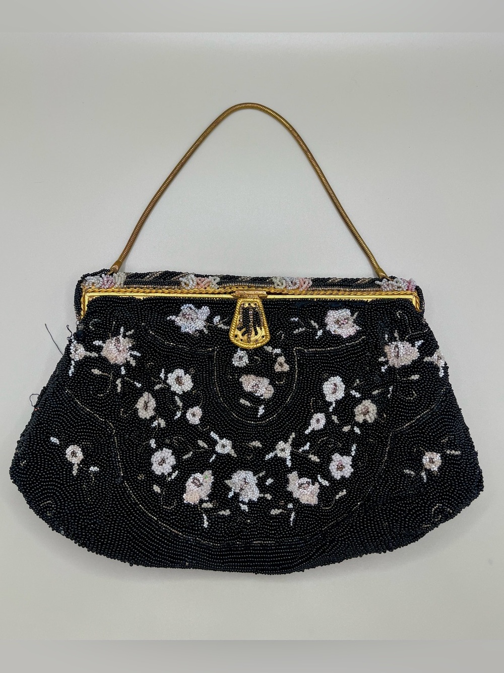VTG 40s French Black Micro Beaded Evening Purse Floral Handbag Handmade Art Deco